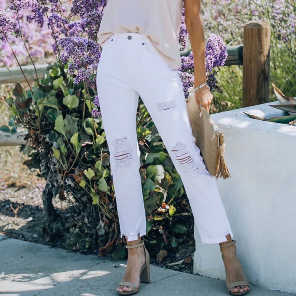 VICI Brenna High Rise Distressed Slim Straight Jeans White 24